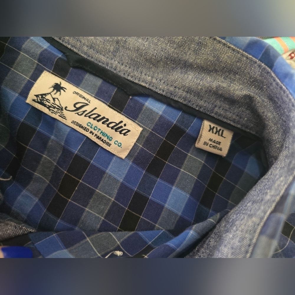 Islandia Mens Collared Button Up Blue Plaid Long Sleeve Top XXL - Picture 7 of 11
